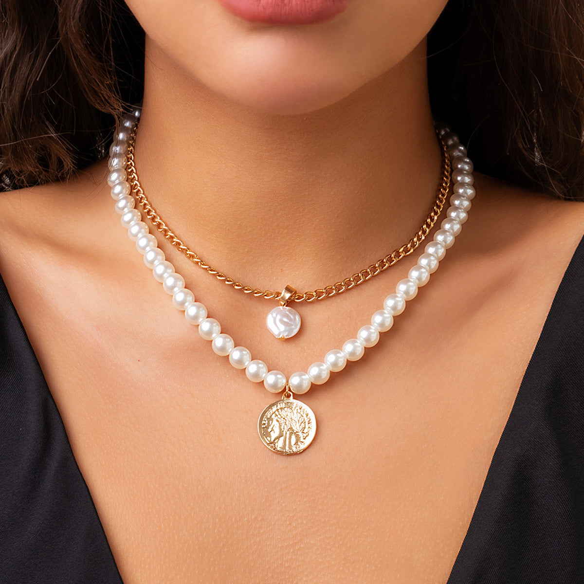 Stacked Double Pendant Pearl Necklace for Women