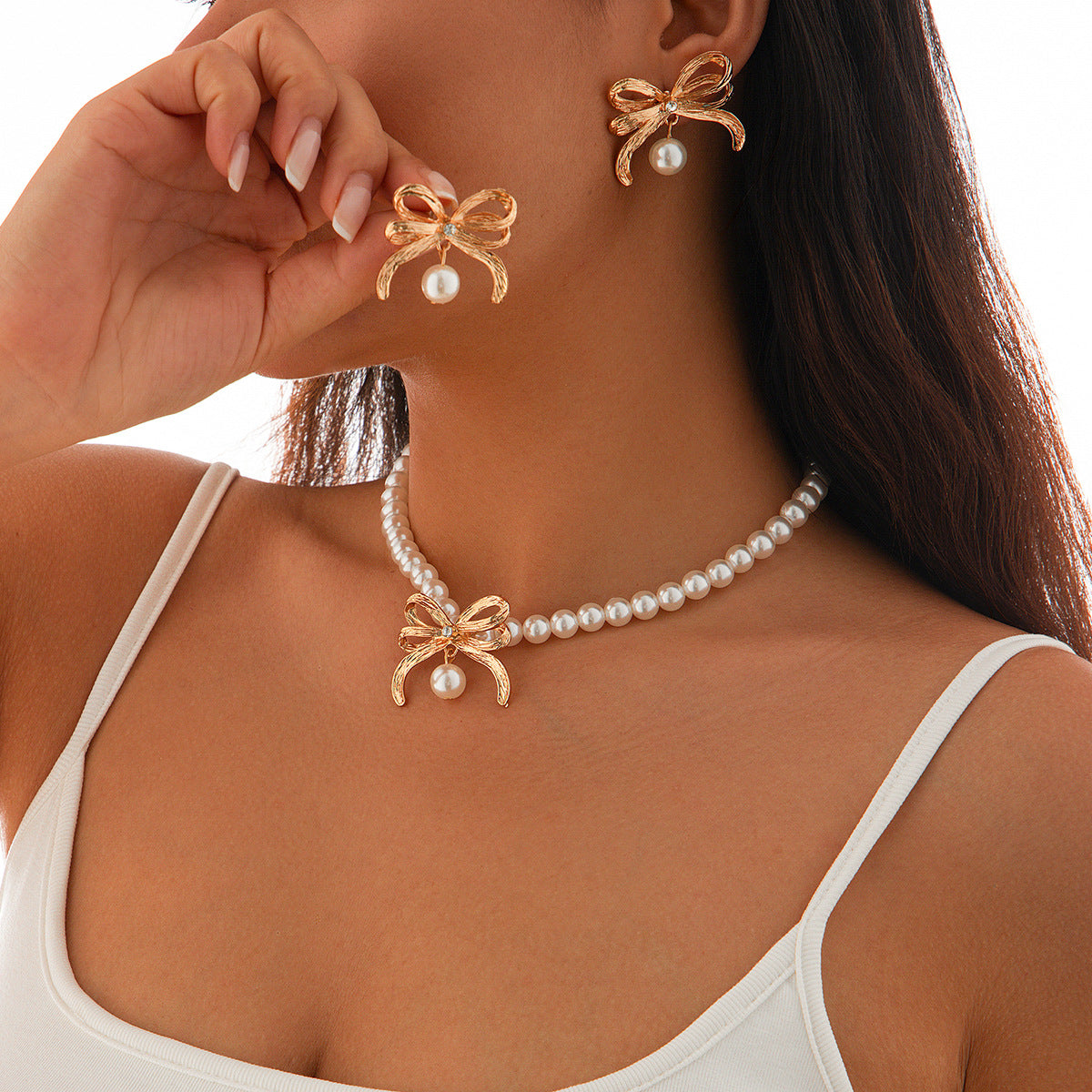 Ribbon Pendant Pearl Necklace for Women（Necklace/Earrings）