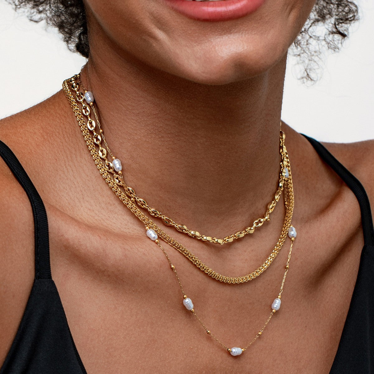 18K Gold Triple Layers Pearl Style Necklaces for Women