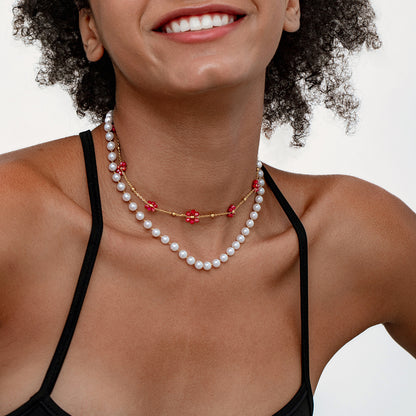 18K Gold Double Layers Wearing Flower Pearls Necklaces For Women