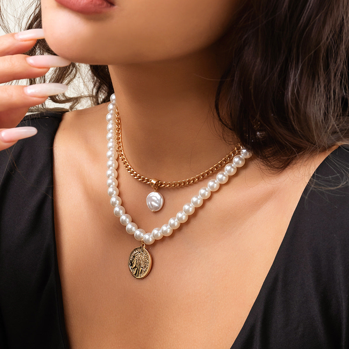 Stacked Double Pendant Pearl Necklace for Women