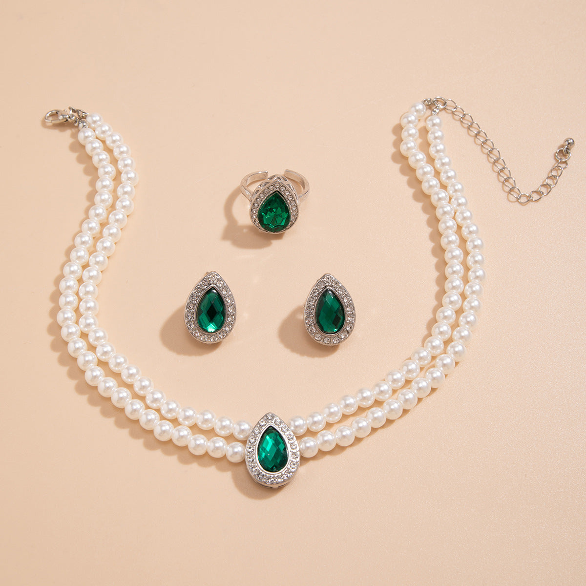 Jade Pendant Pearl Jewelry Set (Necklace/Rings/Earrings)