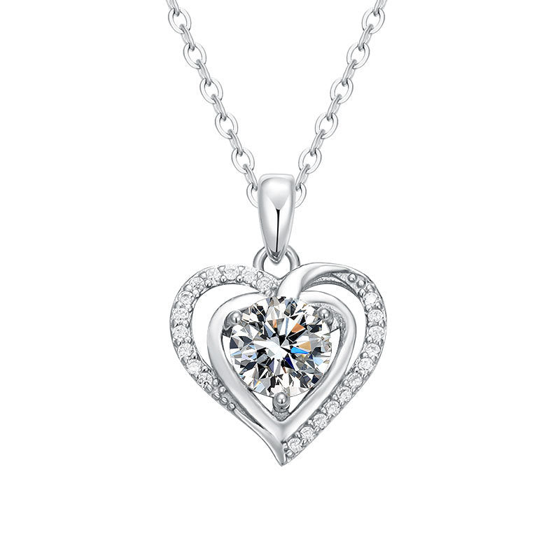 S925 Sterling Silver Heart Pendant with Moissanite Diamonds Necklace for Women