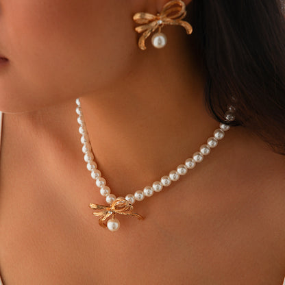 Ribbon Pendant Pearl Necklace for Women（Necklace/Earrings）