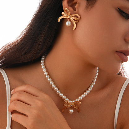 Ribbon Pendant Pearl Necklace for Women（Necklace/Earrings）