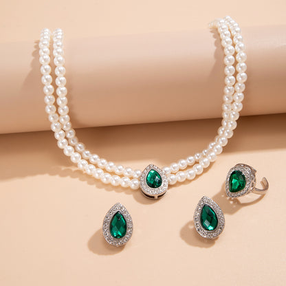 Jade Pendant Pearl Jewelry Set (Necklace/Rings/Earrings)