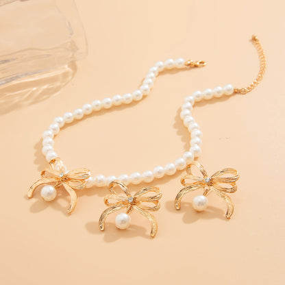 Ribbon Pendant Pearl Necklace for Women（Necklace/Earrings）