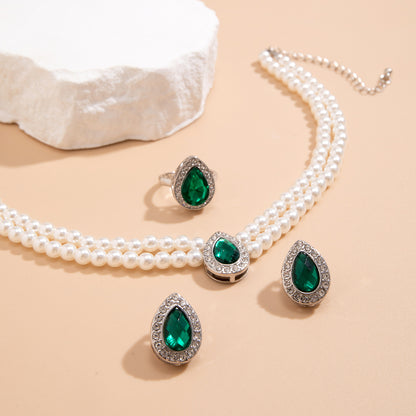 Jade Pendant Pearl Jewelry Set (Necklace/Rings/Earrings)